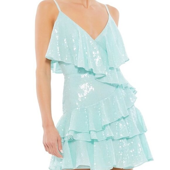NEW | Mac Duggal 10569 Spaghetti Strap Ruffle Tiered Mint Green Mini Size 8 - Picture 3 of 10
